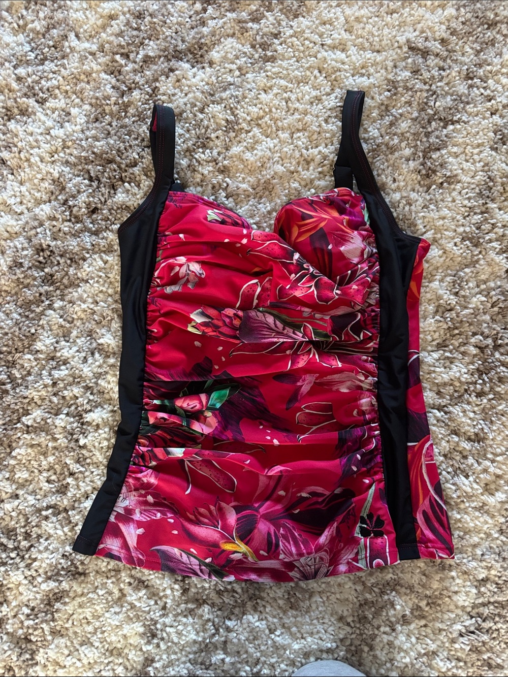 Hapari  pink Floral Tankini Top with Black Side Panels